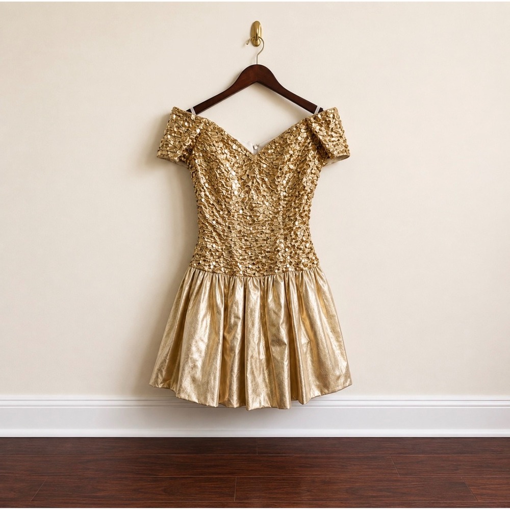 Vintage Jessica McClintock Gunne Sax Gold Sequin Off Shoulder Dress 80s